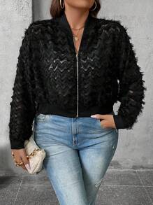 SHEIN LUNE Plus Solid Zip Up Bomber Jacket - Black - View 5