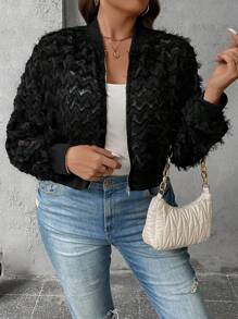 SHEIN LUNE Plus Solid Zip Up Bomber Jacket - Black - View 6