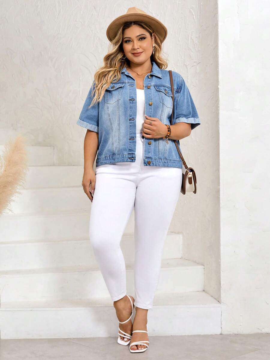 SHEIN LUNE Plus Flap Pocket Roll Up Sleeve Denim Jacket SHEIN USA