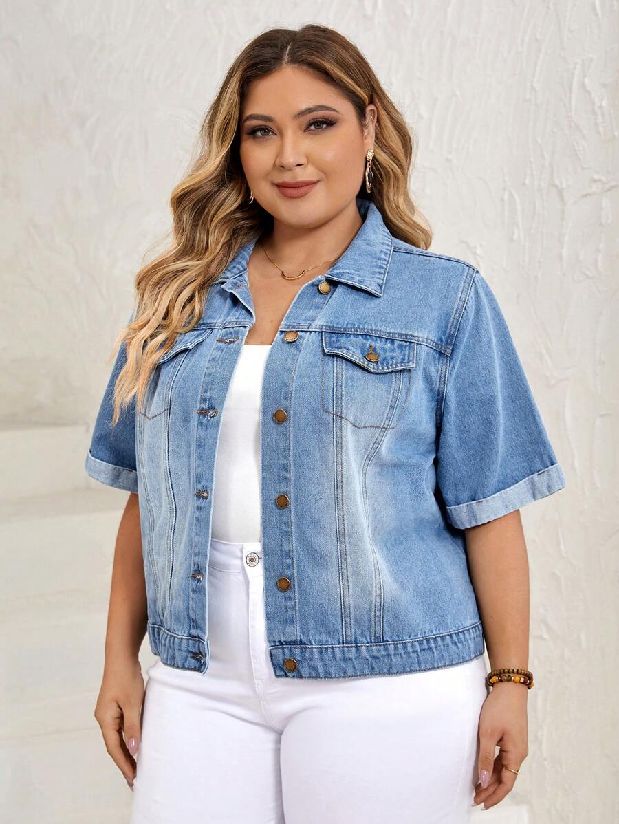 SHEIN LUNE Plus Flap Pocket Roll Up Sleeve Denim Jacket SHEIN USA