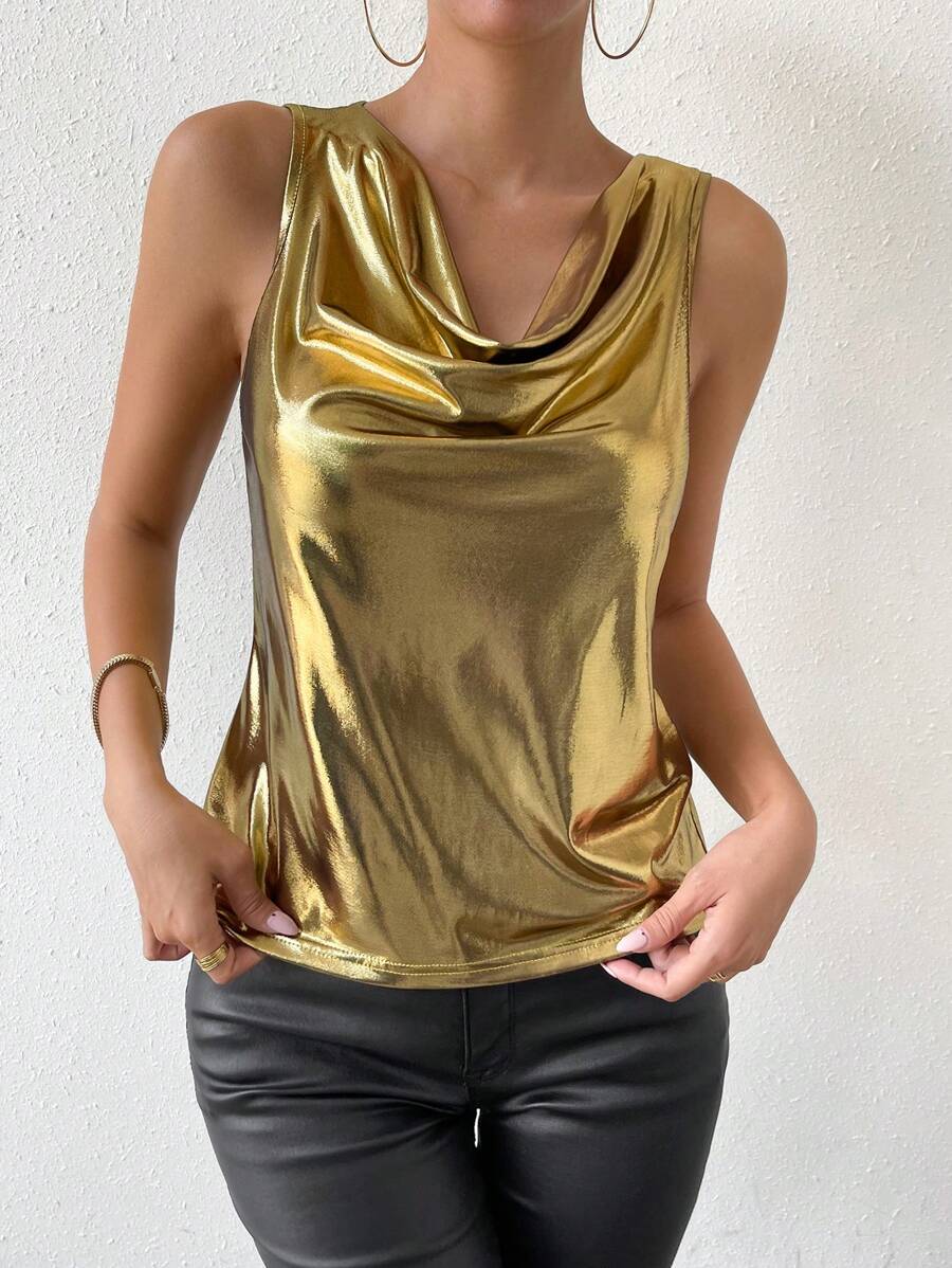 Chiquease Metallic Draped Collar Tank Top For New Year Holiday Party ...