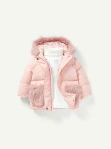 Manteau rembourré avec capuche et bordure en fourrure pour bébé fille