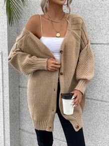 SHEIN Unity Tay Raglan Nút phía trước Áo len Mở - Màu Khaki - Xem 2