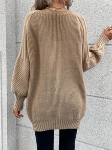 SHEIN Unity Tay Raglan Nút phía trước Áo len Mở - Màu Khaki - Xem 3