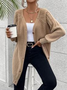 SHEIN Unity Tay Raglan Nút phía trước Áo len Mở - Màu Khaki - Xem 4