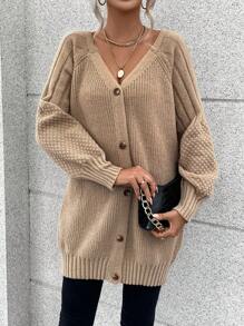 SHEIN Unity Tay Raglan Nút phía trước Áo len Mở - Màu Khaki - Xem 5