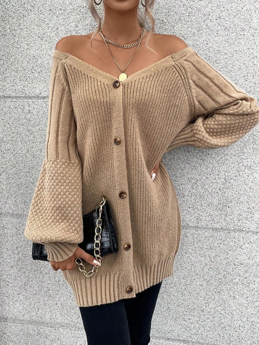 SHEIN Unity Tay Raglan Nút phía trước Áo len Mở - Màu Khaki - Xem 1