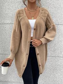 SHEIN Unity Tay Raglan Nút phía trước Áo len Mở - Màu Khaki - Xem 6