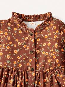 Cozy Pixies 女嬰印花荷葉邊翻領長袖高腰洋裝 - 彩色 - 查看 4