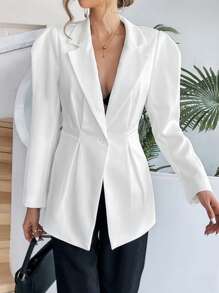 SHEIN Privé 西裝領泡泡袖西裝外套 - 白色 - 查看 1
