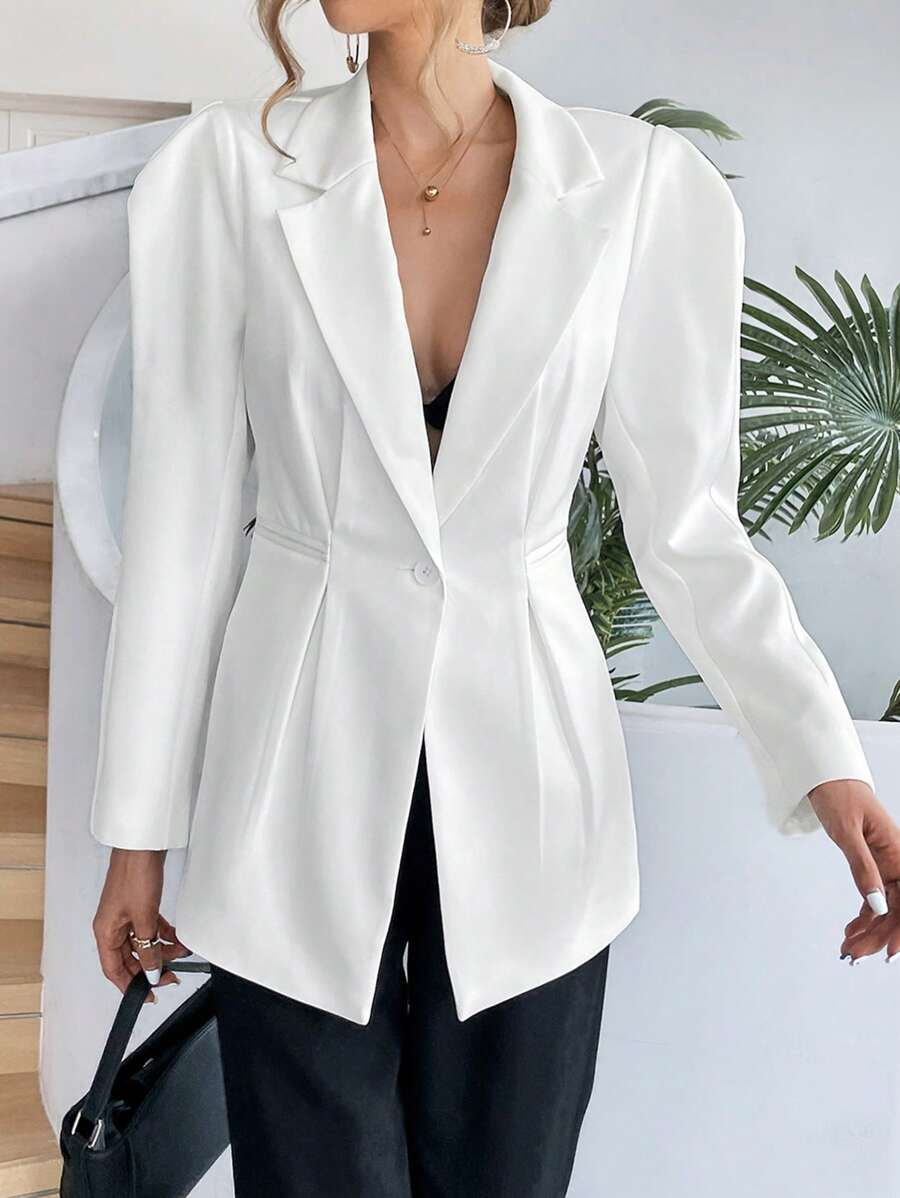 SHEIN Privé 西裝領泡泡袖西裝外套 - 白色 - 查看 1