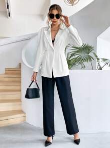 SHEIN Privé 西裝領泡泡袖西裝外套 - 白色 - 查看 4