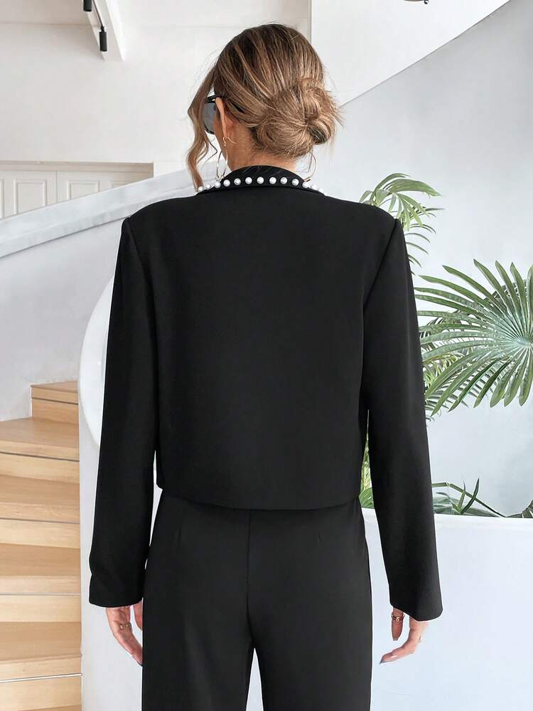 Pearls Beaded Lapel Neck Open Front Crop Jacket