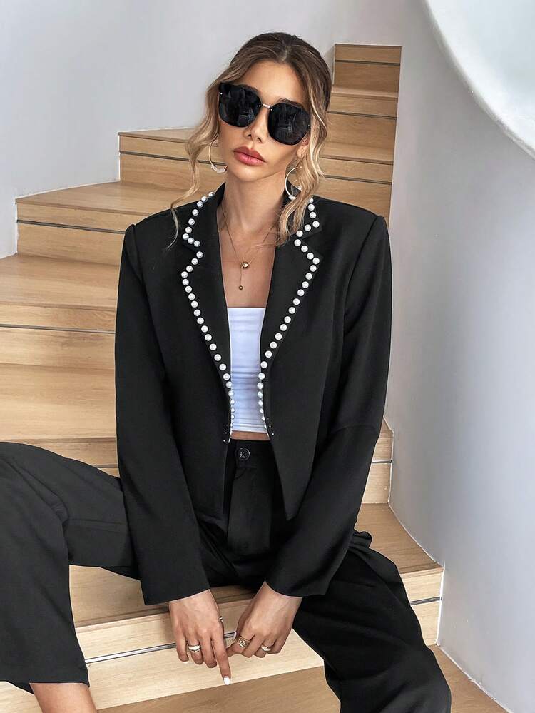 Pearls Beaded Lapel Neck Open Front Crop Jacket