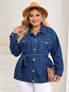 SHEIN LUNE Plus Flap Pocket Belted Denim Jacket - Dark Wash - View 6