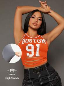 SHEIN SXY Letter Graphic Ripped Tank Top - Orange - View 5