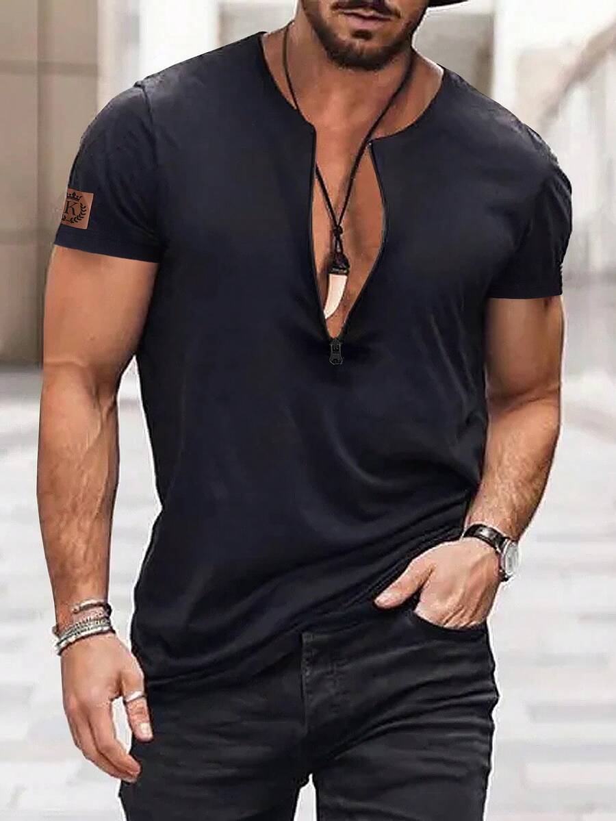 Manfinity Homme Nam Chi tiết Patched thư Áo thun - màu đen - Xem 1