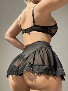 Ren tương phản Móc và mắt Chèn lưới Bộ Bodysuit  Teddy - màu đen - Xem 2