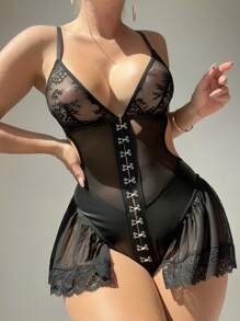 Ren tương phản Móc và mắt Chèn lưới Bộ Bodysuit  Teddy - màu đen - Xem 3