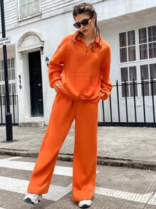 SHEIN EZwear Chất rắn Thả vai Áo len & Quần nỉ - trái cam - Xem 3