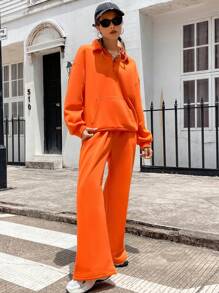 SHEIN EZwear Chất rắn Thả vai Áo len & Quần nỉ - trái cam - Xem 5