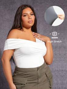 SHEIN SXY Plus Asymmetrical Neck Fold Pleated Detail Tee - White - View 1