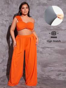 SHEIN SXY de un hombro fruncido Top crop & Pantalones de pierna ancha - Naranja - Ver 1