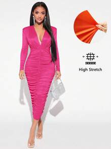 SHEIN SXY 深V領褶邊緊身連衣裙 - 玫紅色 - 查看 6