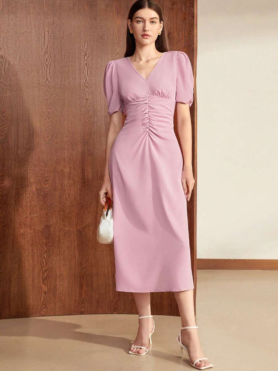 BizChic 素色泡泡袖前收褶洋裝 - 藕粉色 - 查看 1