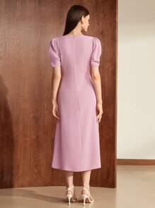 BizChic 素色泡泡袖前收褶洋裝 - 藕粉色 - 查看 2