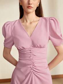 BizChic 素色泡泡袖前收褶洋裝 - 藕粉色 - 查看 3