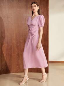 BizChic 素色泡泡袖前收褶洋裝 - 藕粉色 - 查看 5