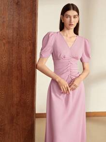 BizChic 素色泡泡袖前收褶洋裝 - 藕粉色 - 查看 7