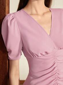 BizChic 素色泡泡袖前收褶洋裝 - 藕粉色 - 查看 8