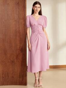 BizChic 素色泡泡袖前收褶洋裝 - 藕粉色 - 查看 9