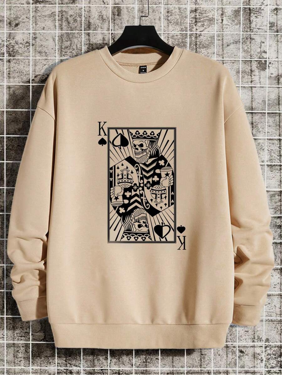 EURMUSE Cotton Men Playing Card Print Drop Shoulder Sweatshirt - Camel - View 1