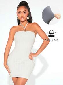 SHEIN SXY Đầm Lộ Lưng Nhẫn Buộc lại màu trơn Gợi cảm - trắng - Xem 1