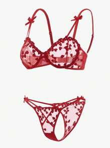 PetitDoll 刺绣网眼钢圈性感文胸和内裤内衣套装