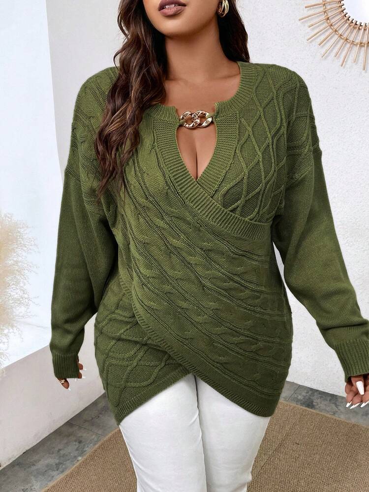 Plus Chain Detail Drop Shoulder Crossover Sweater Knit Pullover Fall Winter Sweater