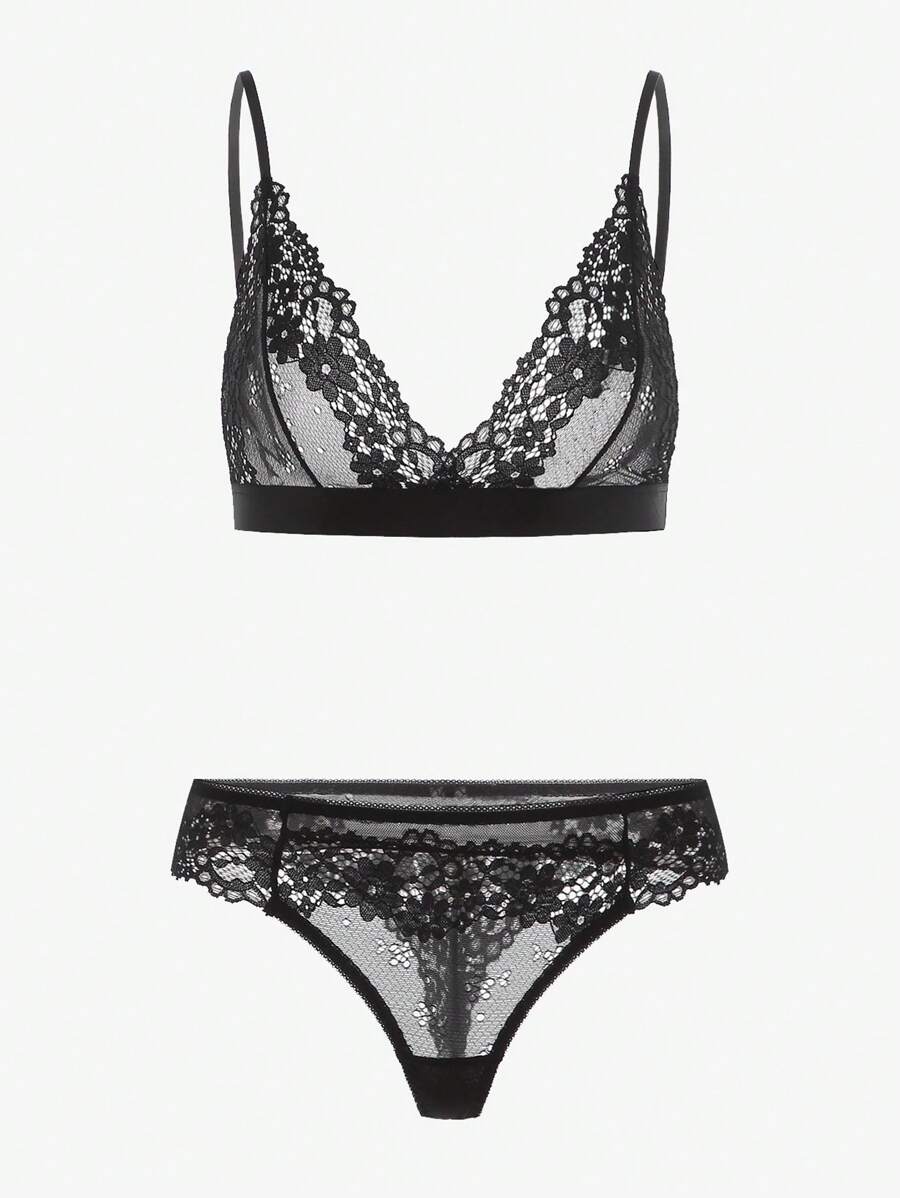 Snug Zone Conjunto de lencería de encaje floral: sostén y panty - Negro - Ver 1