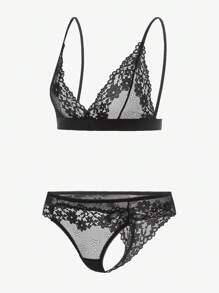 Snug Zone Conjunto de lencería de encaje floral: sostén y panty - Negro - Ver 3