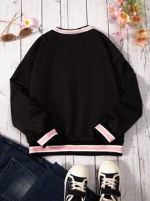 SHEIN Explorewe Tween Girl Letter Graphic Contrast Trim Sweatshirt - Black - View 2