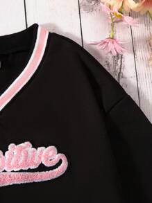 SHEIN Explorewe Tween Girl Letter Graphic Contrast Trim Sweatshirt - Black - View 3