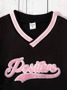 SHEIN Explorewe Tween Girl Letter Graphic Contrast Trim Sweatshirt - Black - View 4