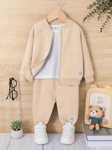 SHEIN Baby Boy Letter Patched Raglan Sleeve Bomber Jacket & Sweatpants Without Tee