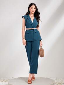 Seusyu Lapel Neck Vest Blazer & Pants Without Belt - Teal Blue - View 2