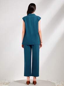 Seusyu Lapel Neck Vest Blazer & Pants Without Belt - Teal Blue - View 3