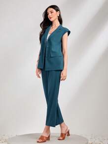 Seusyu Lapel Neck Vest Blazer & Pants Without Belt - Teal Blue - View 4