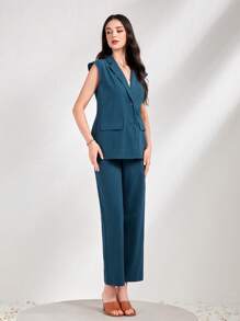 Seusyu Lapel Neck Vest Blazer & Pants Without Belt - Teal Blue - View 5