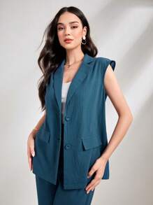 Seusyu Lapel Neck Vest Blazer & Pants Without Belt - Teal Blue - View 6